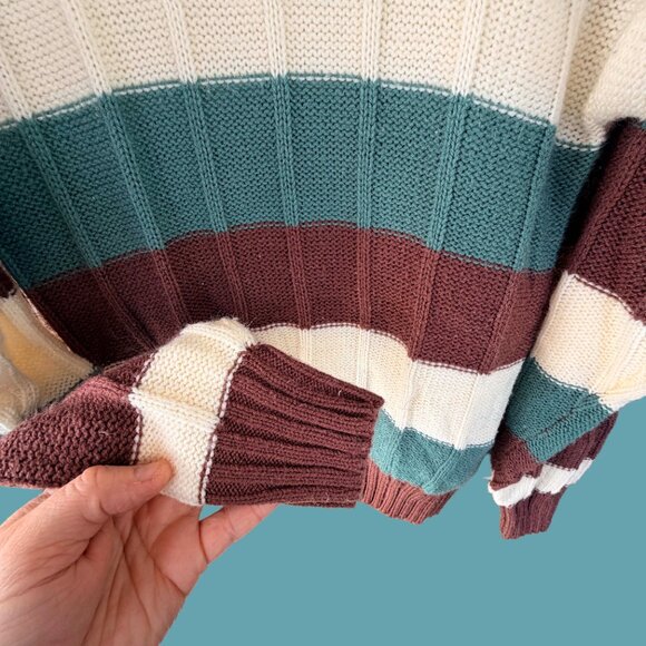 Fashion Workshop Vintage Striped Chunky Knit Sweater Cream Teal Brown Medium - Picture 3 of 5